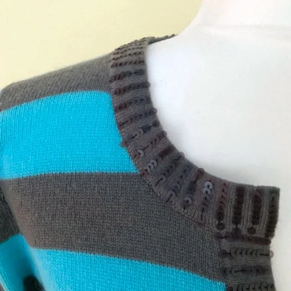 Autumn Cashmere 100% Stripe Beaded Long Sleeve Tunic Sweater Turquoise Gray - Picture 4 of 10